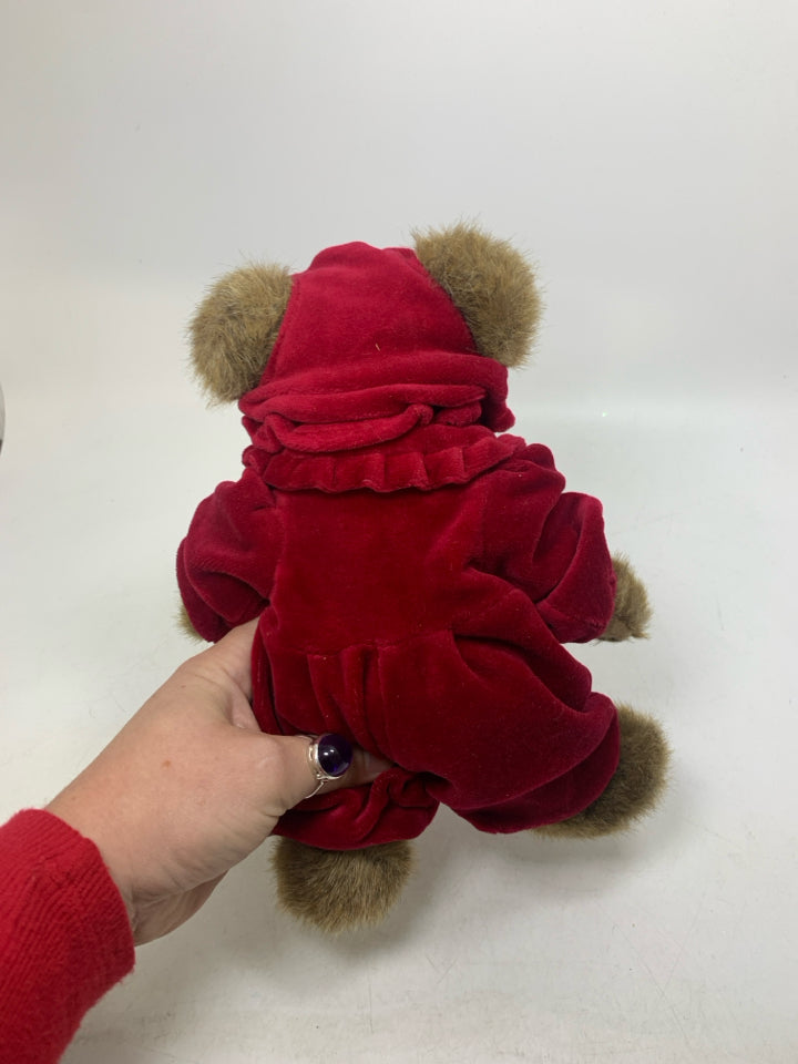 BROWN BOYDS BEAR IN RED VELOUR SNOWFLAKE JUMPSUIT.
