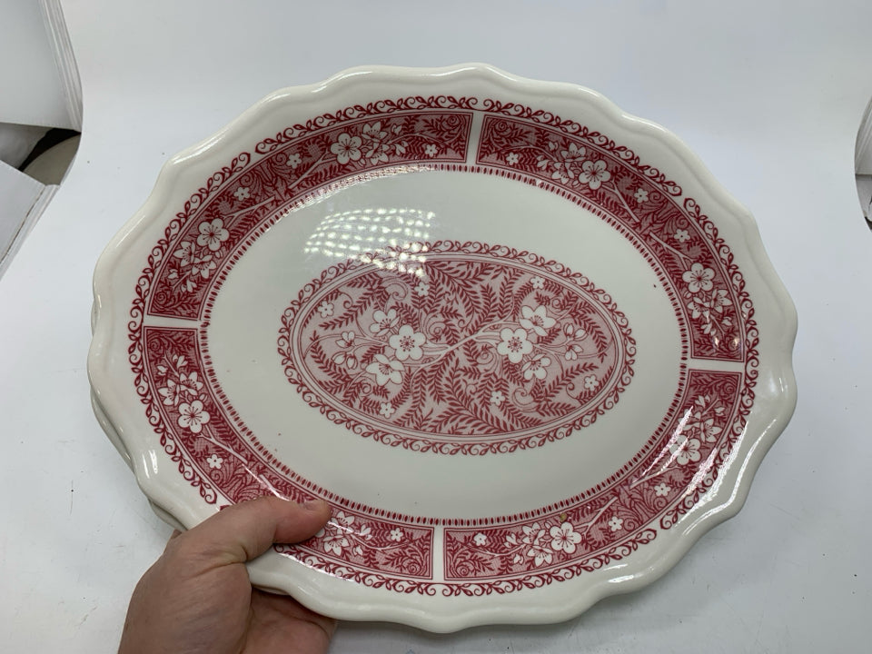 2 VTG OVAL RED DETAILED SERVING PLATTERS.