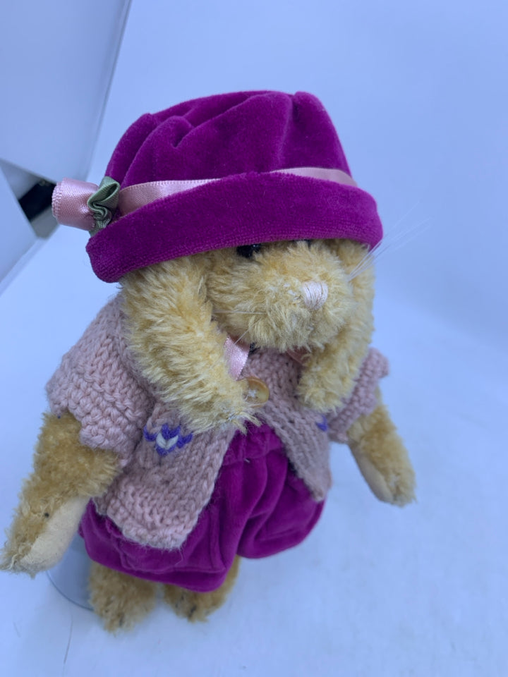 SHAG BUNNY W/DARK PINK DRESS SHORT SLEEVE SWEATER ON STAND.