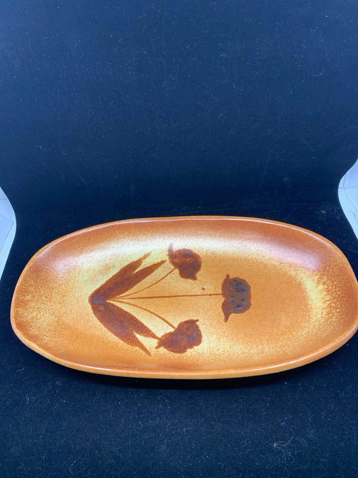 HEAVY OVAL ORANGE W FLORAL DISH.