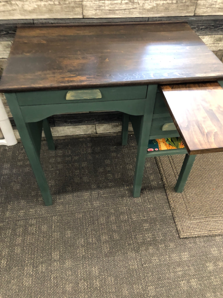 GREEN PAINTED DESK, STAINED FINISH TOP.