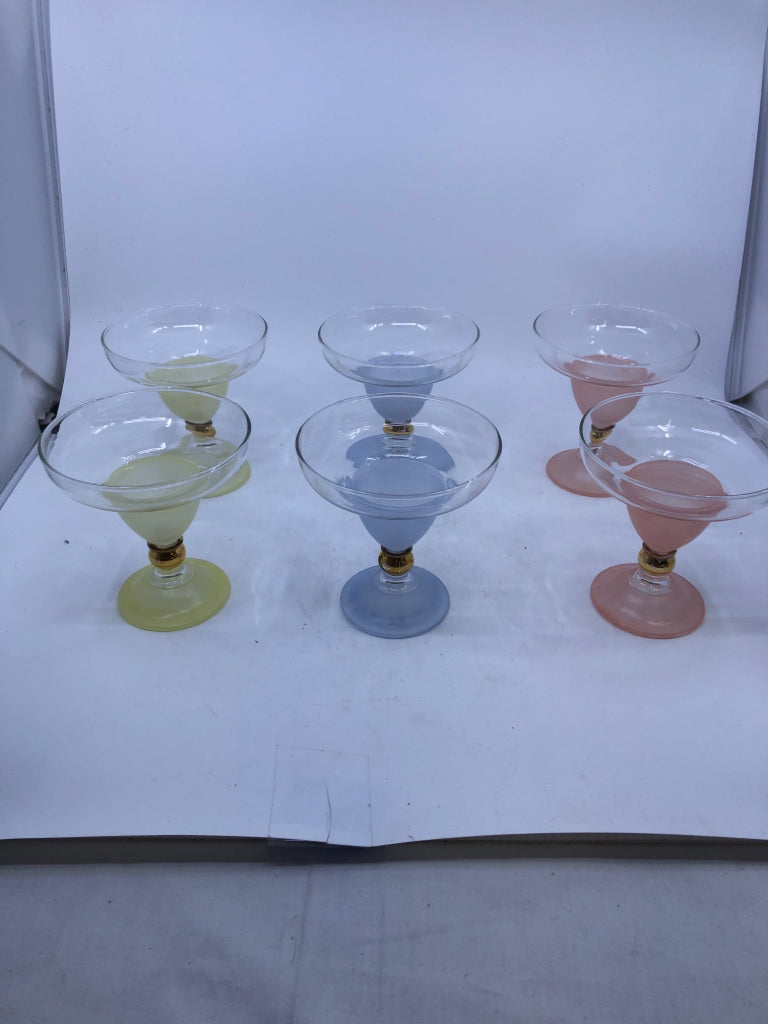 6 VTG COLORFUL SHORT COCKTAIL GLASSES-PINK, YELLOW, BLUE.