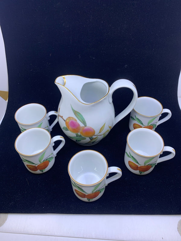 6 PC SET WHITE PITCHER W/ FRUIT AND GOLD RIM AND CUPS.