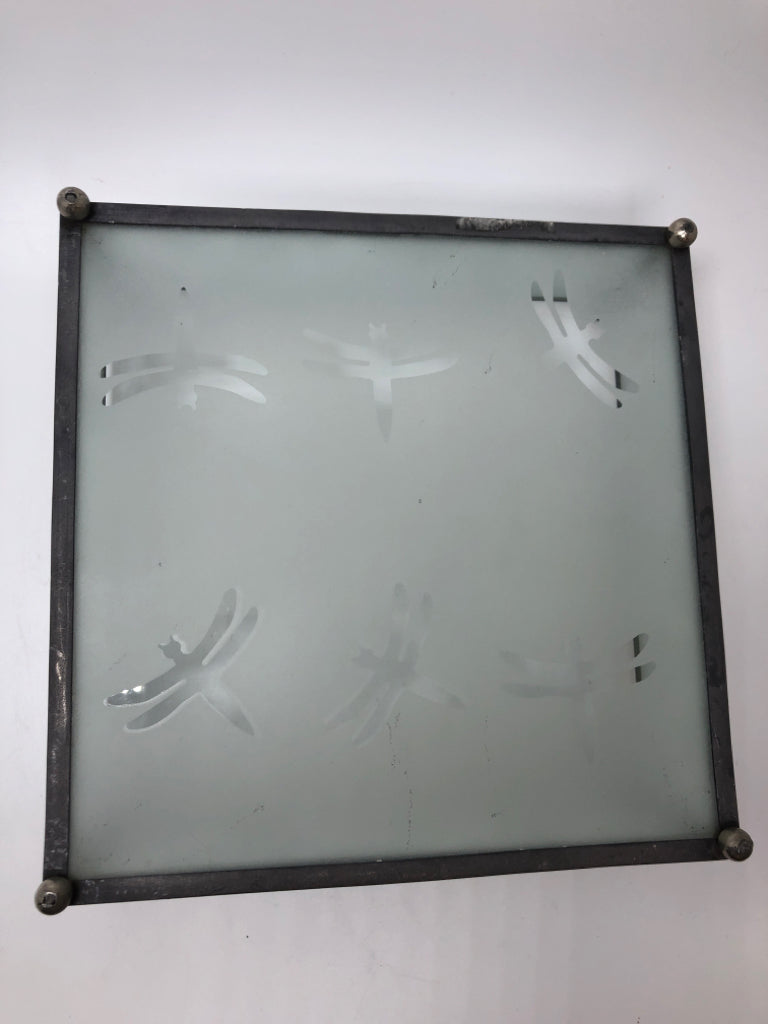 FROSTED GLASS BUTTERFLY TRAY W/SILVER FRAME.