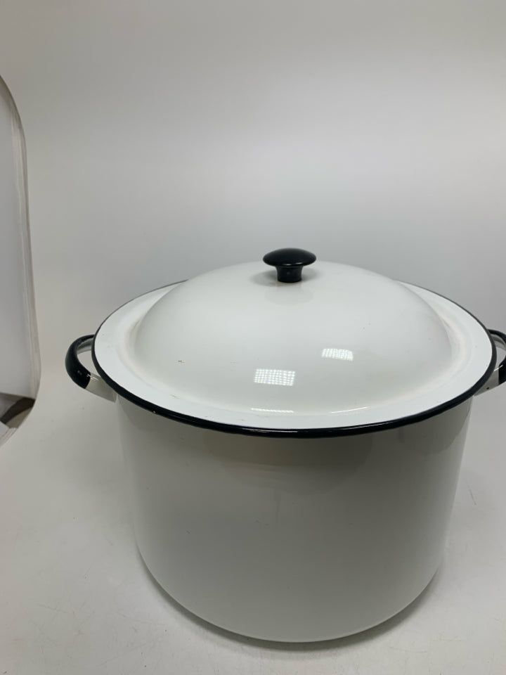 ENAMEL STOCK POT W/ HANDLES LID BLACK EDGE.