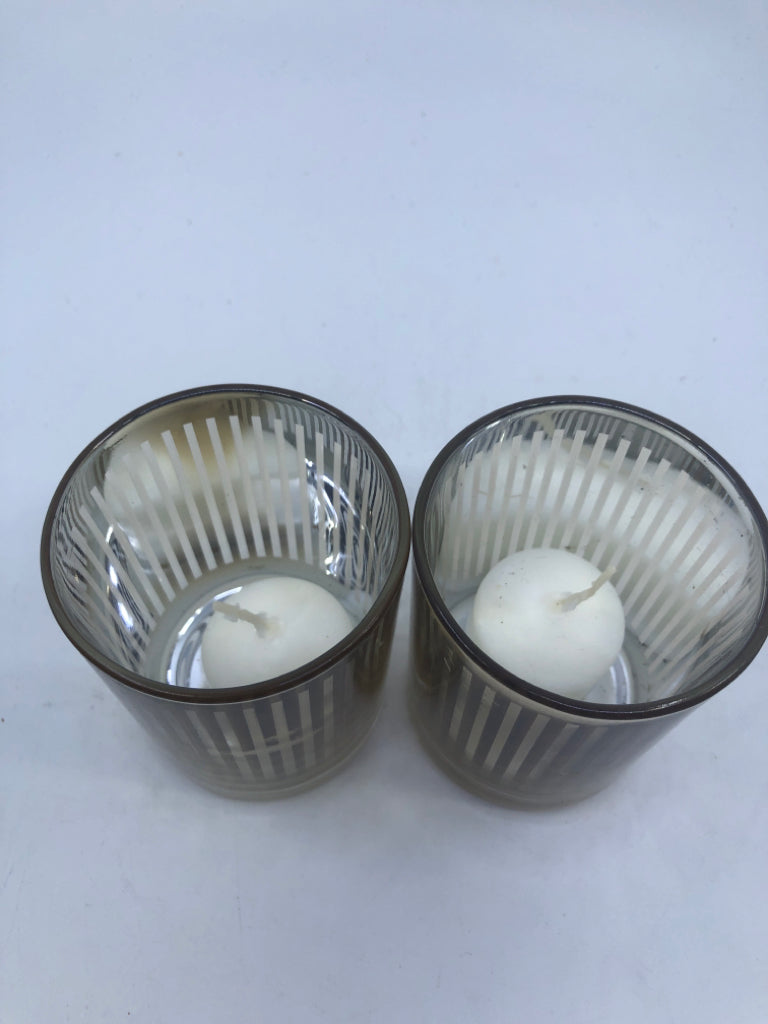 2 STRIPED MERCURY GLASS VOTIVE HOLDERS.