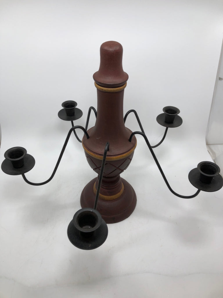 BROWN TURNED WOOD CANDELABRA.