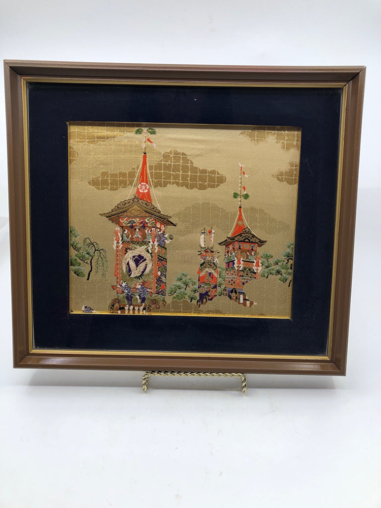 ASIAN PAGODAS WALL ART W/BROWN FRAME.