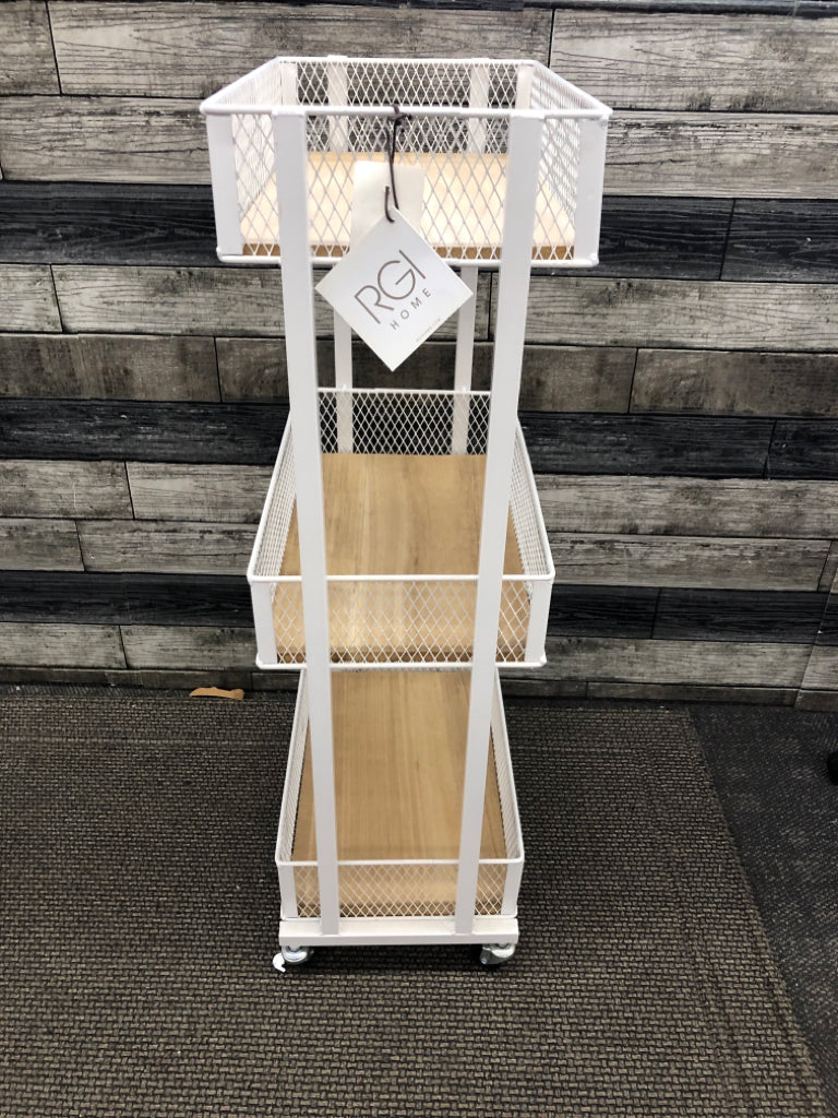 WHITE WIRE CART ON WHEELS W/WOOD SHELVES RGI HOME.