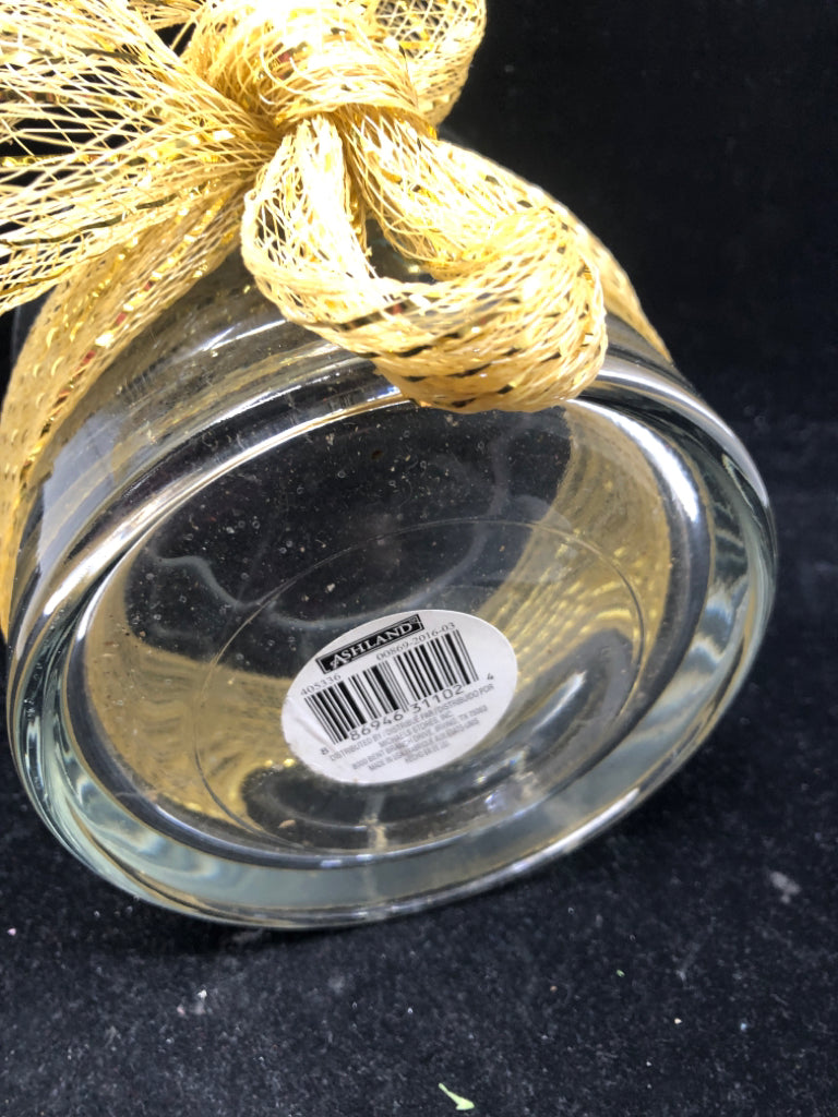 ROUND GLASS VASE W YELLOW RIBBON.