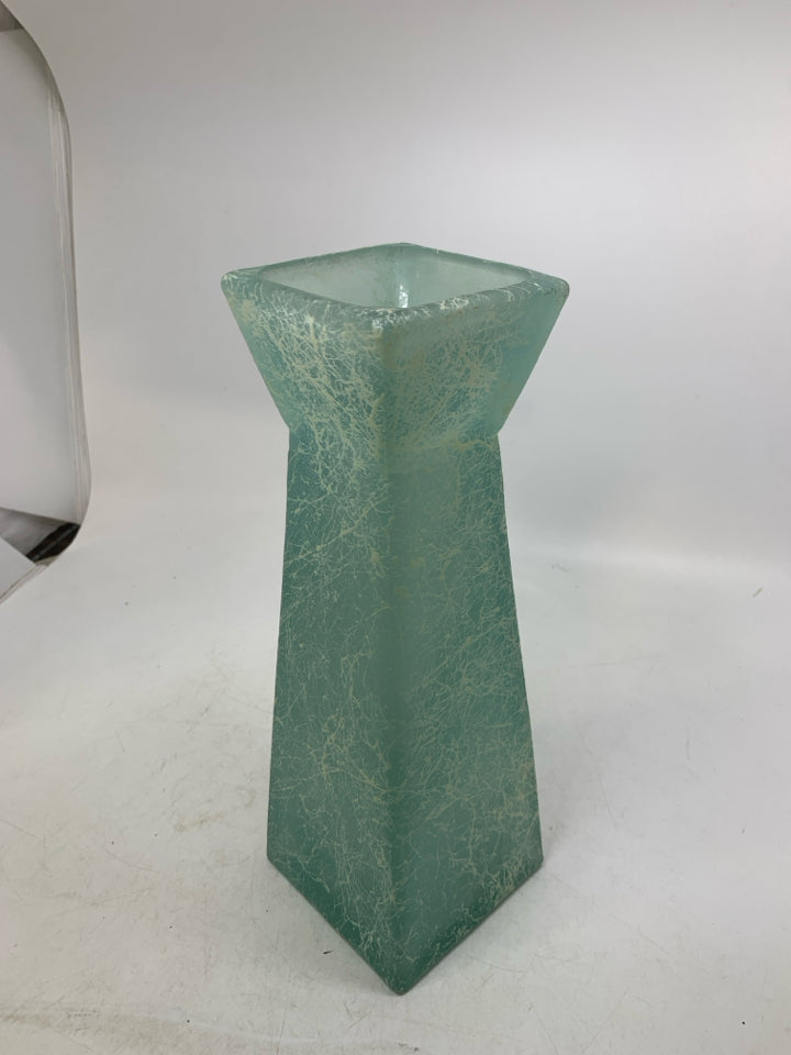 HEAVY GLASS FROSTED LIGHT BLUE GLASS W/ LINE DETAILS VASE.