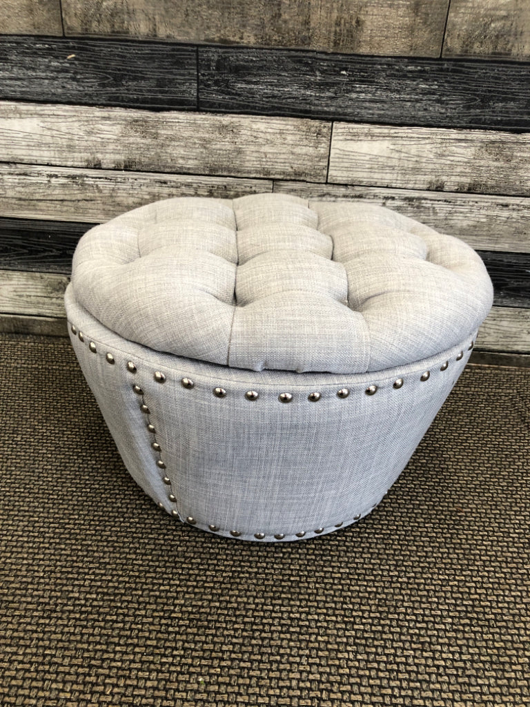 SMALL GREY STUDDED STORAGE OTTOMAN W LID.