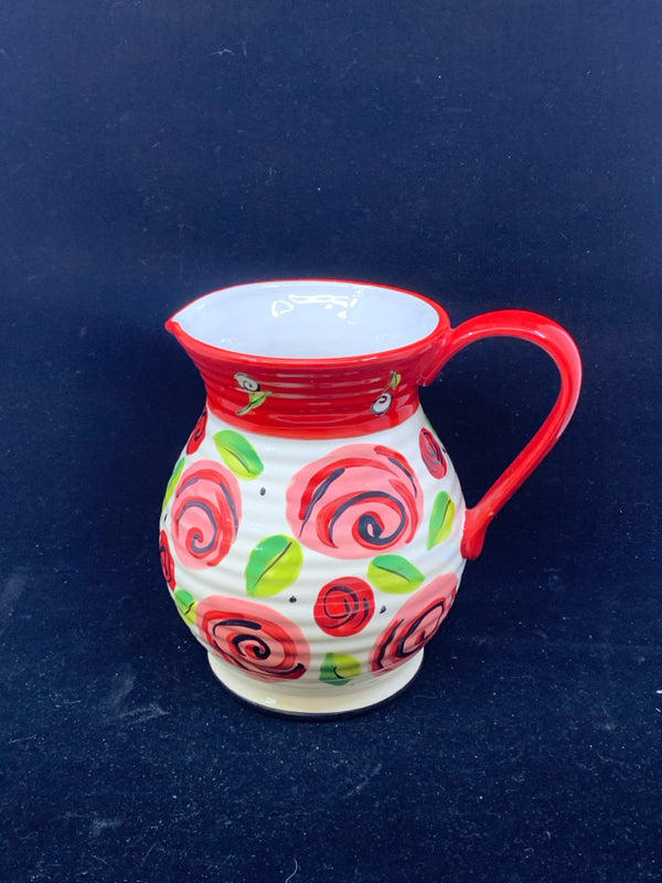 LARGE CERAMIC PITCHER WHITE +RED ROSES.