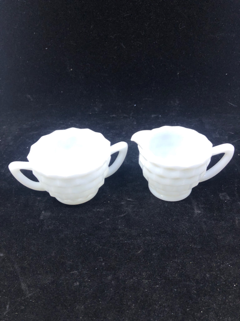 2 PC VTG MILK GLASS SUG/CREAMER DIAMOND CUBE PATTERN.