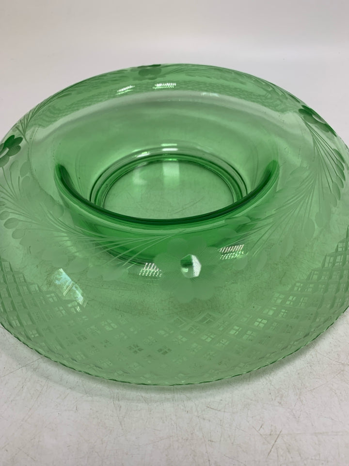 VTG GREEN DOME GLASS BOWL W/ ETCHED FLOWERS.