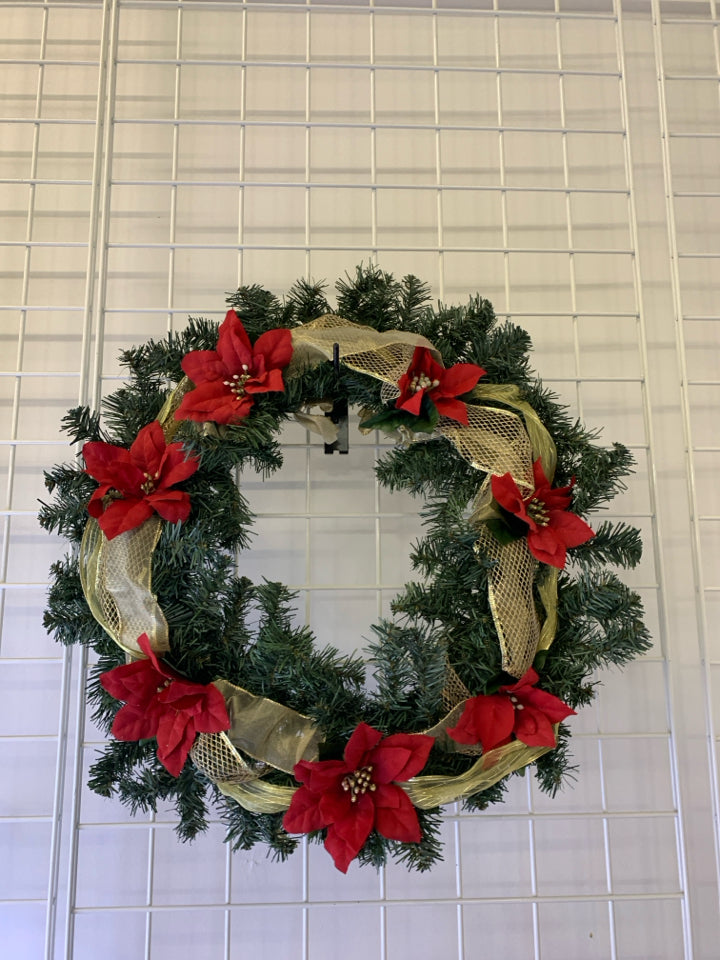 RED AND GOLD POINTSETTA WREATH.