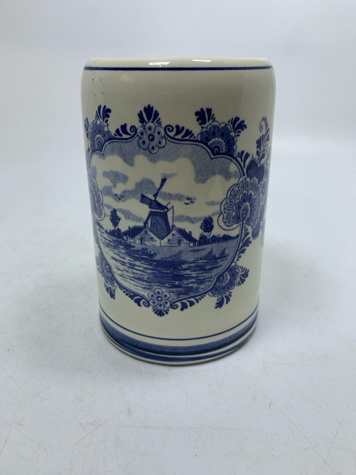 VTG WINDMILL ON WATER SCENE BLUE FLORAL BEER STEIN.