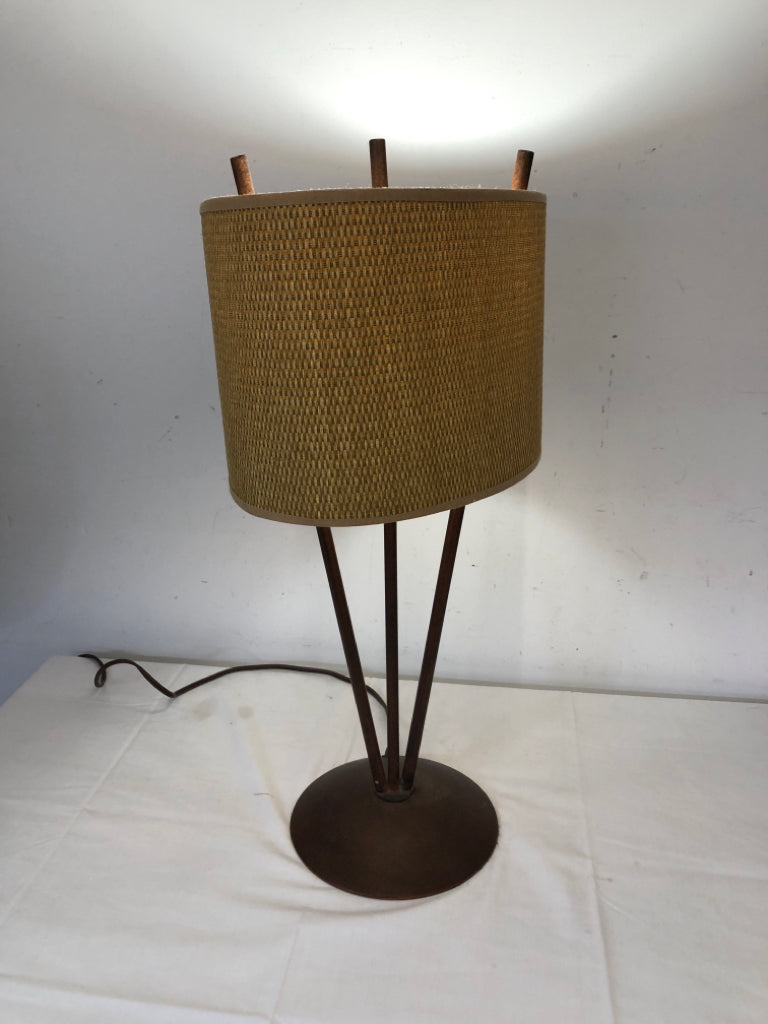 BROWN STICK MODERN STYLE LAMP W BROWN TAN SHADE.