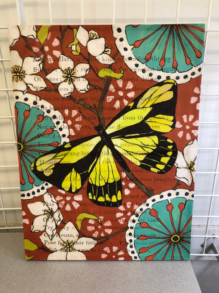 YELLOW BUTTERFLY CANVAS ON RED BACKGROUND, TEAL FLOWERS.