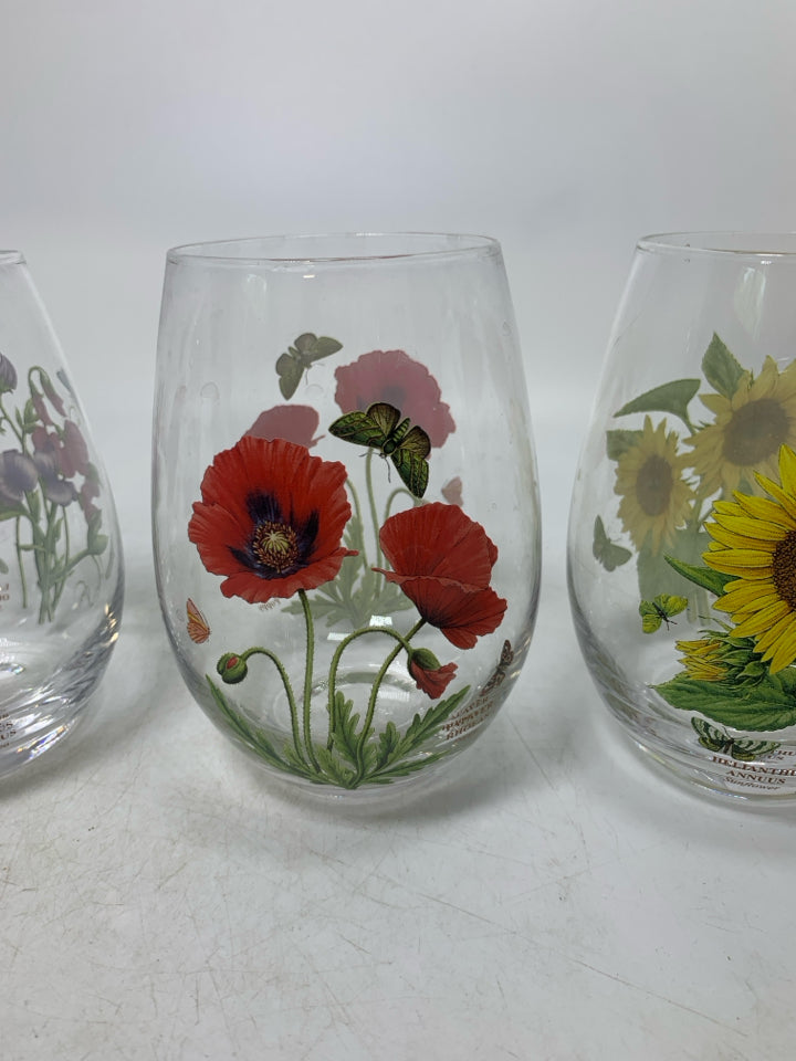 4 BOTANIC GARDEN STEMLESS WINE GLASSES ASSORTED.
