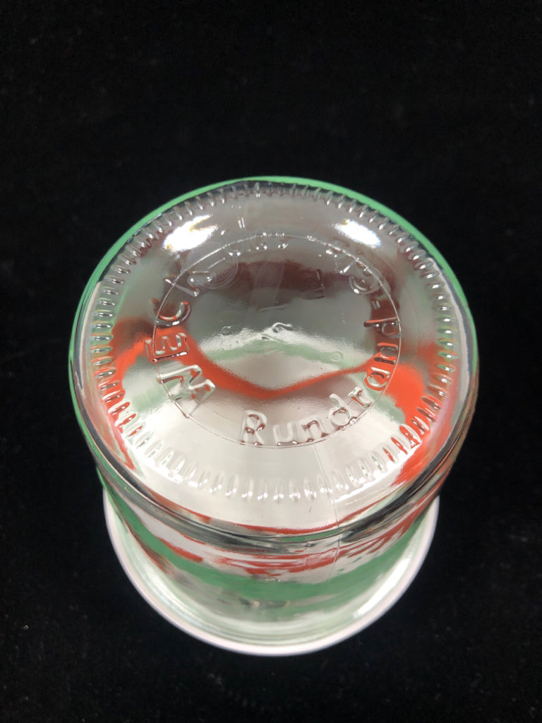 WECK GLASS CANNING JAR W/PLASTIC LID, SEALING RING AND CLAMPS.