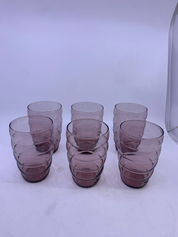 6 PURPLE RIBBED WATER GLASSES.