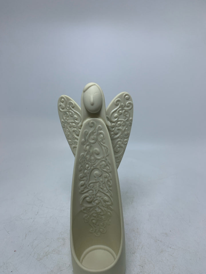 PORCELAIN ANGEL W/ SCROLL DETAIL VOTIVE CANDEL HOLDER.