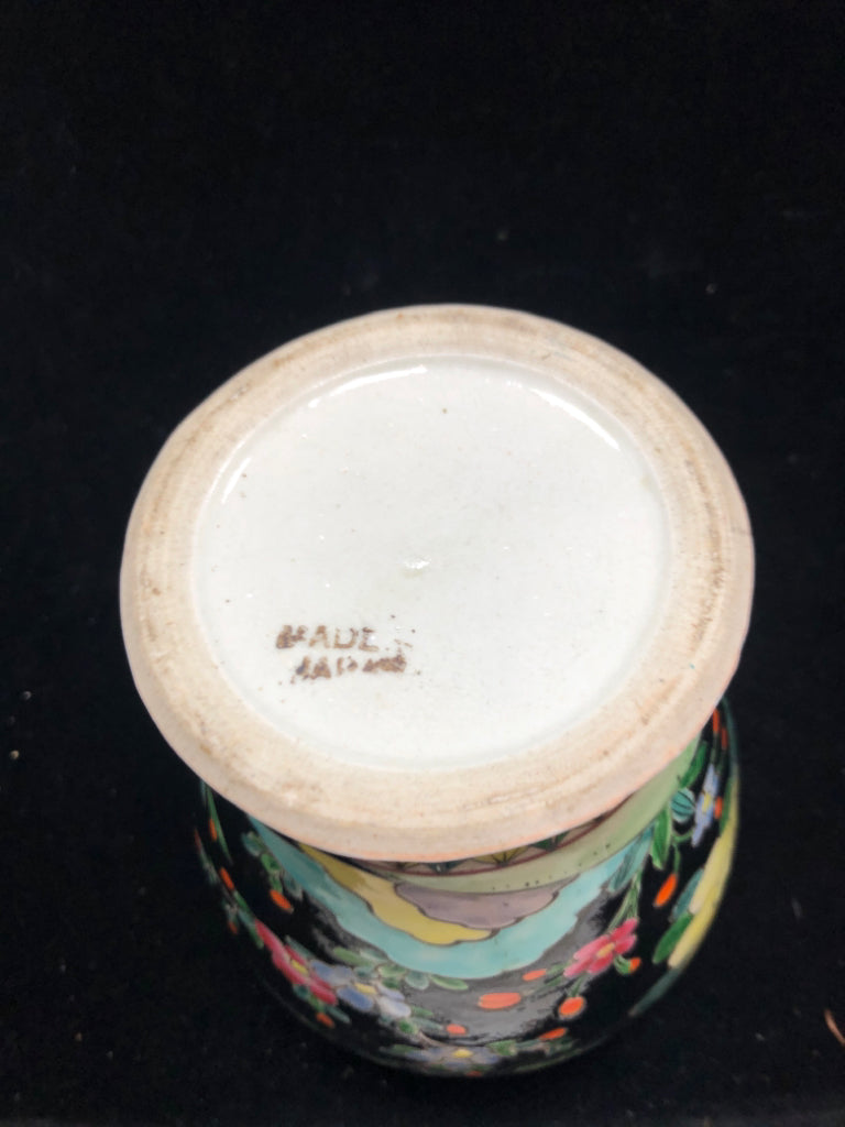 VTG JAPANESE FLORAL BLACK CANISTER W/LID.