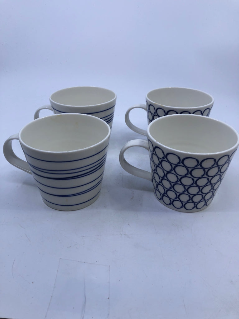 4 BLUE WHITE CIRCLES/STRIPES MUGS ROYAL DOULTON PACIFIC.