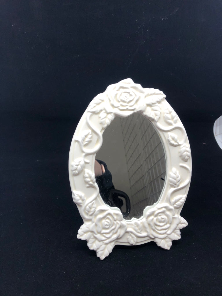 WHITE EMBOSSED ROSE MIRROR.