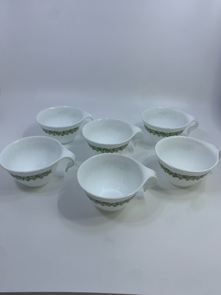 6PC CORELLE SPRING BLOSSOM GREEN CRAZY DAISY HOOK-HANDLE CUPS.