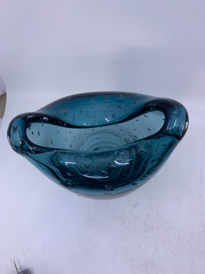 HEAVY BLOWN GLASS DARK BLUE VASE W/ BUBBLES FOLDED NECK.