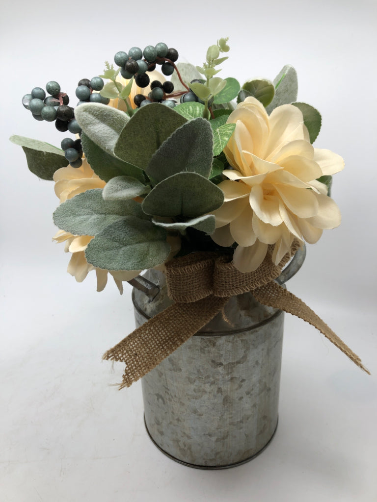 FAUX CREAM AND GREEN BOUQUET IN TIN BUCKET.