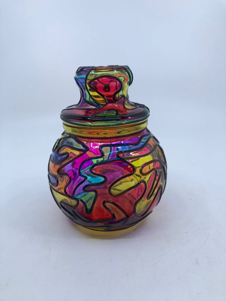 MULTI COLORED GLASS EMPTY CONTAINER W/LID.