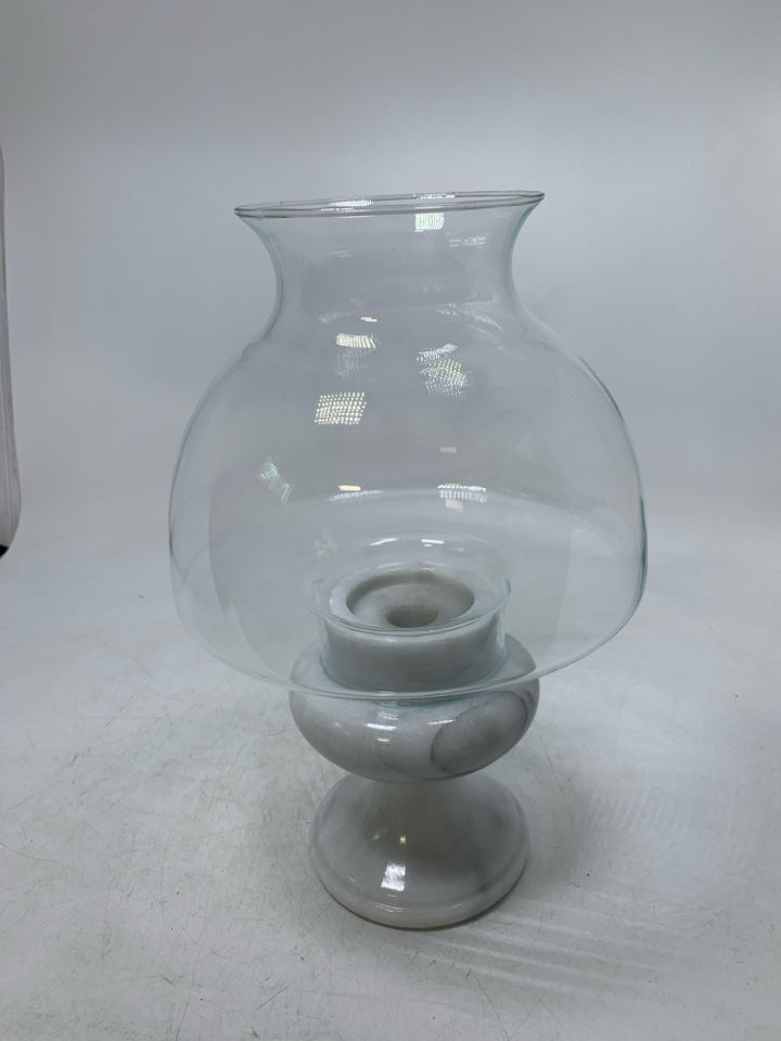 WHITE MARBLE BASE W/ GLASS SHADE TAPERED CANDLE HOLDER.