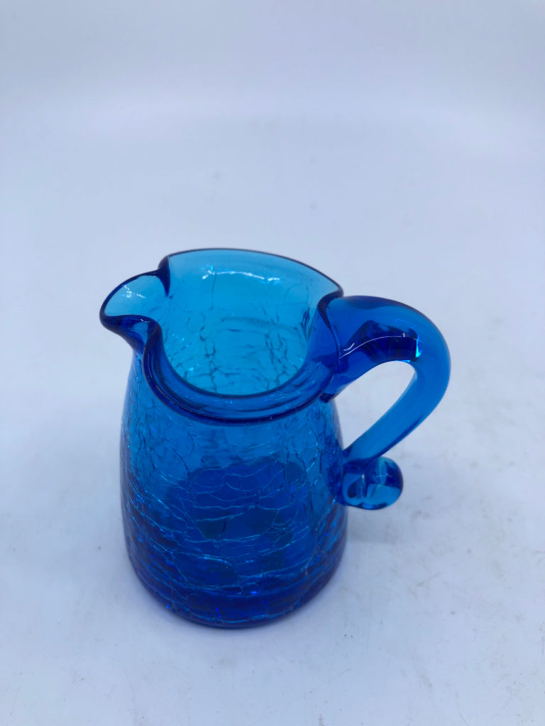 FLARED EDGE BLUE CRACKLE GLASS PITCHER.