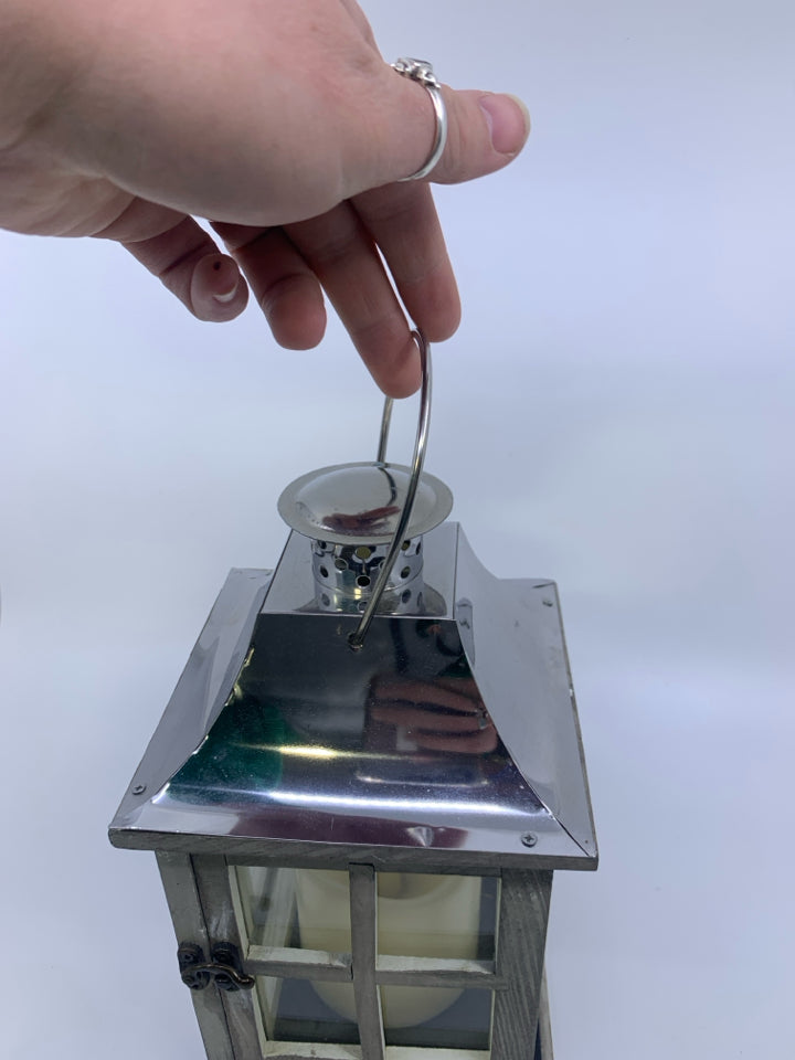 RUSTIC LANTERN W/ METAL TOP BATTERY POWERED CANDLE.