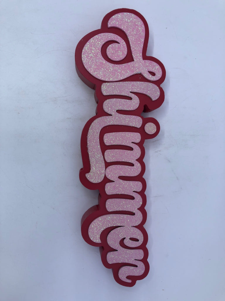 "SHIMMER" RED/PINK GLITTER SHELF SIGN.