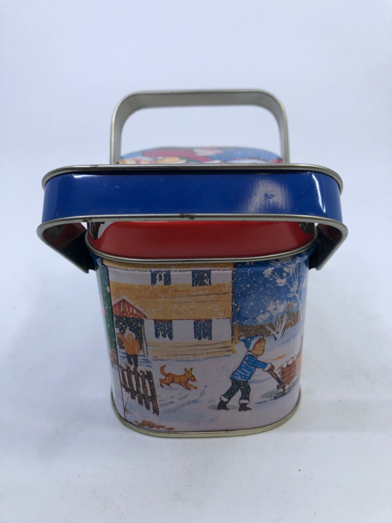 SMALL SNOWMAN TIN W DOUBLE HANDLES.