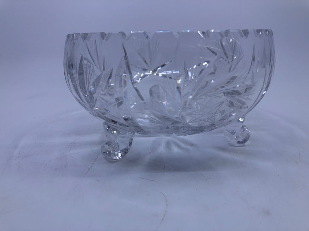 FOOTED ETCHED CUT GLASS CANDY DISH.