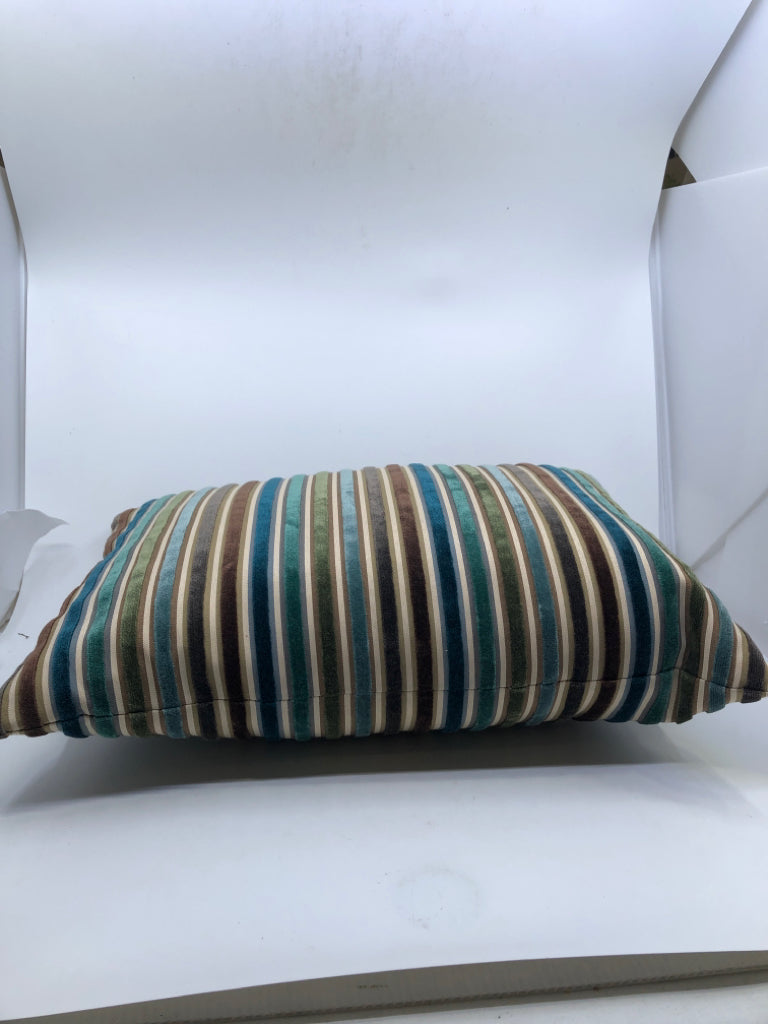 TEAL/BROWN STRIPED RECTANGLE VELVET ACCENT PILLOW.