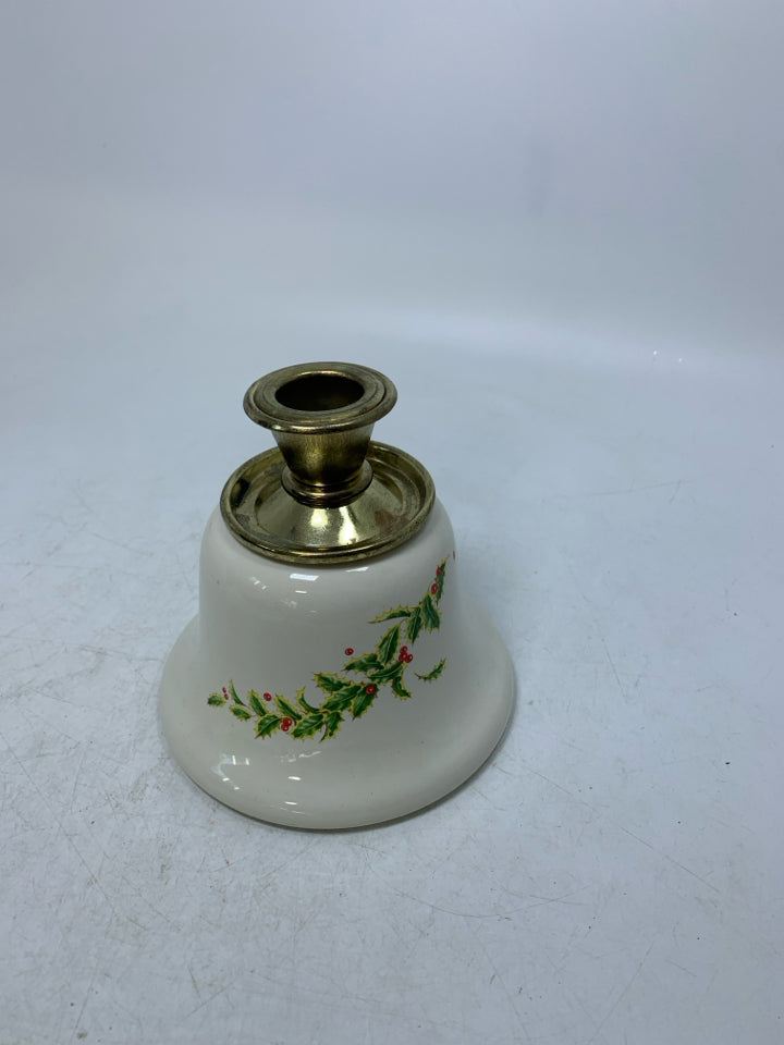 WHITE CERAMIC BASE W/ HOLLY METAL TAPERED CANDLE HOLDER.