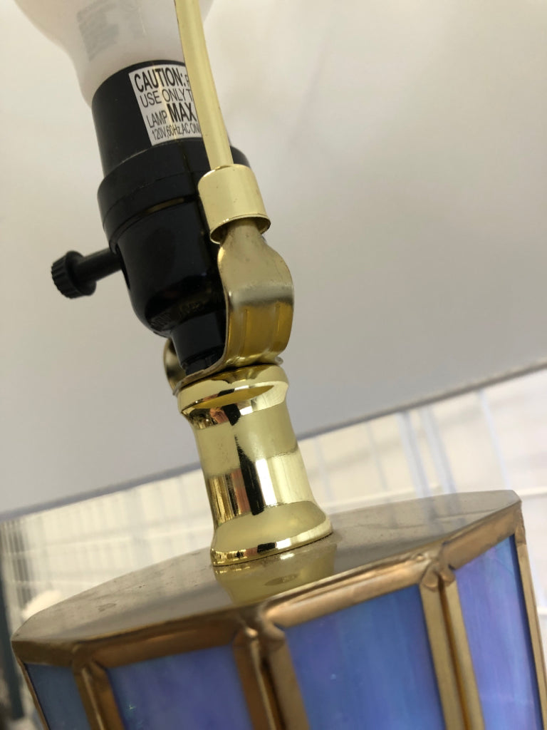 PEARLESCENT BLUE BASE LAMP W/WHITE SILK SHADE.