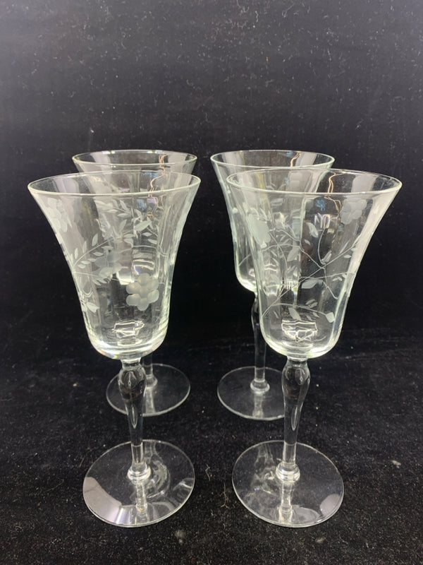 4 FLORAL ETCHED WINE GLASSES.