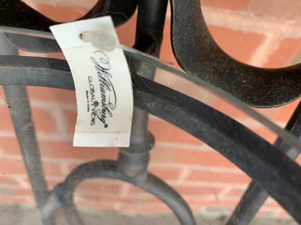 HEAVY WROUGHT IRON CLEAR GLASS DOME HANGING CANDLE HOLDER.