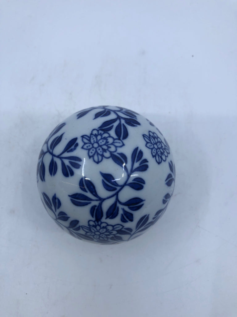 6 DECORATIVE BLUE & WHITE BALLS-ASSORTED DESIGNS.