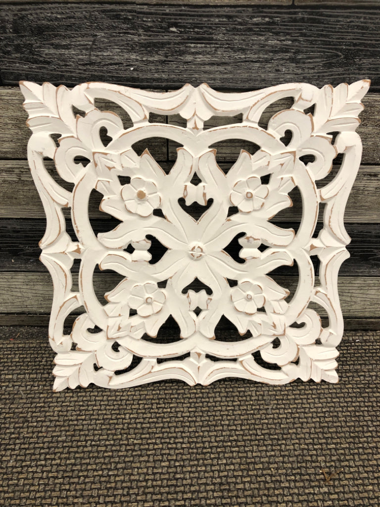 DISTRESSED MANDALA CARVED WOODEN WALL PANEL.