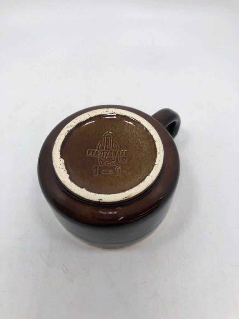 8PC VTG BROWN DRIP GLAZE MUG/SAUCER SET.