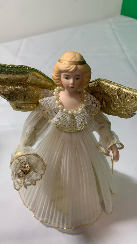 SMALL ANGEL TREE TOPPER W GOLD WINGS.