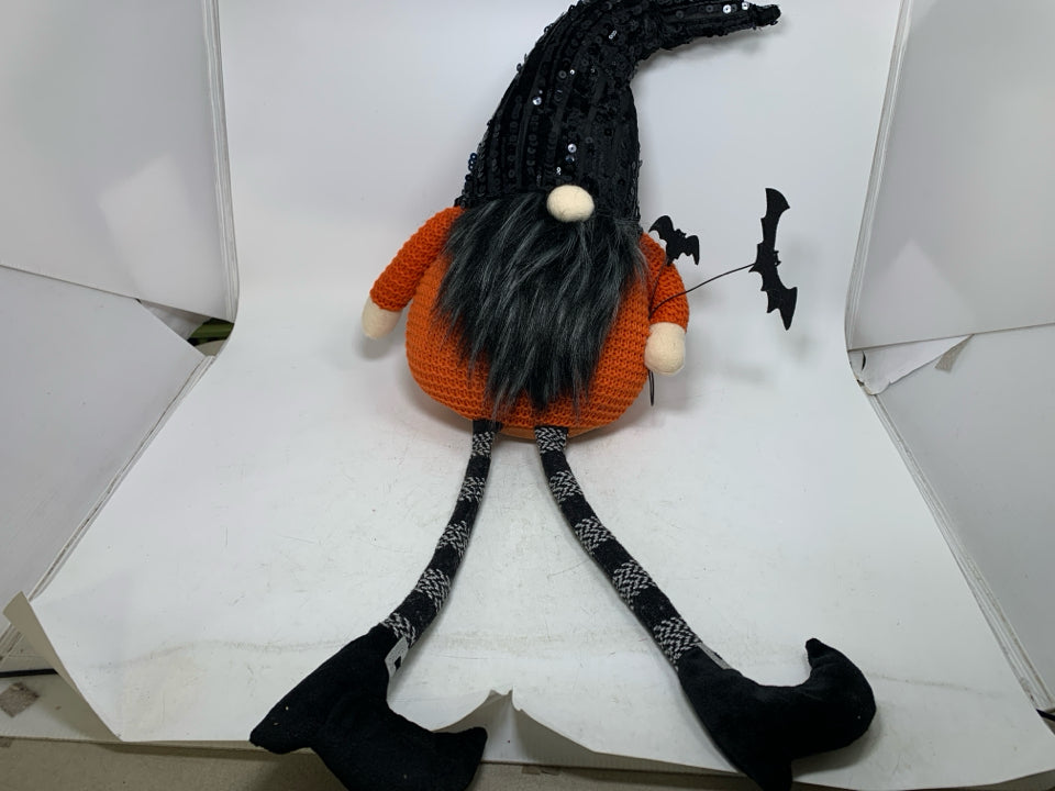LARGE PLUSH GNOME W/ ORANGE SWEATER HOLDING BATS.